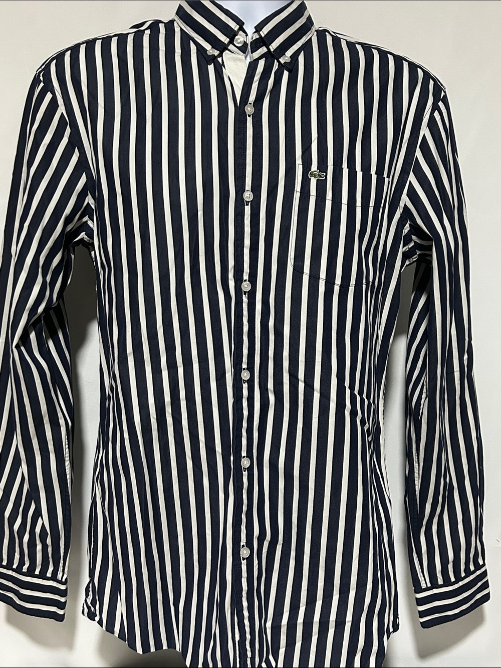 Lacoste Men’s 38 Small Navy Blue White Vertical Stripe Casual Button Down Shirt